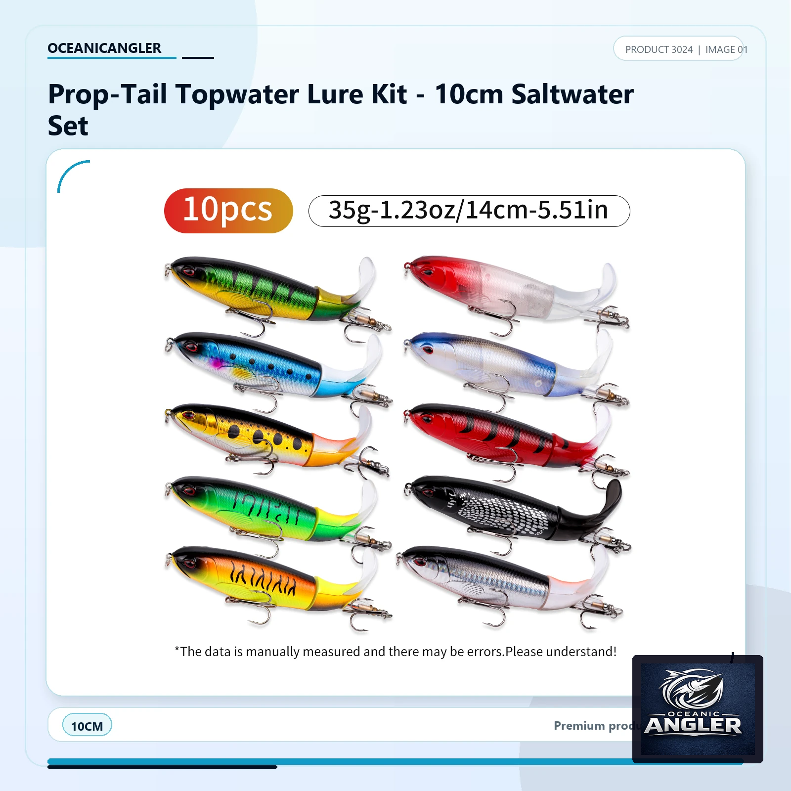 OceanicAngler prop-tail topwater lure kit on a clean premium product background