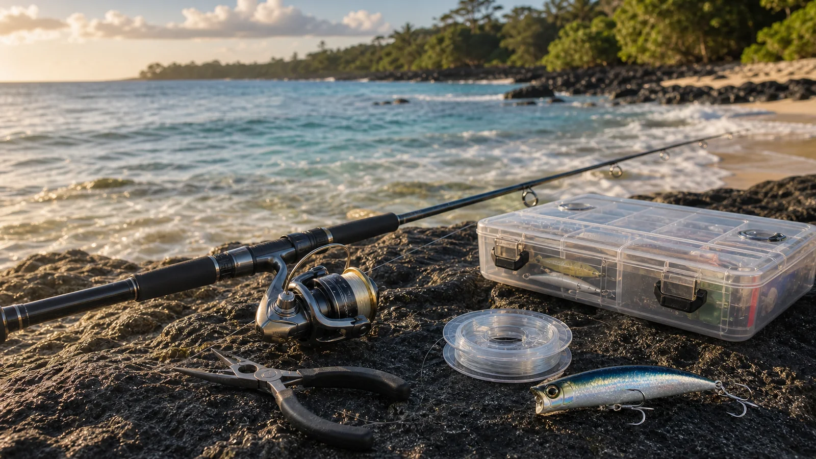 Beginner shore fishing setup on a tropical rock and sand shoreline with rod, tackle, leader, pliers, and lure