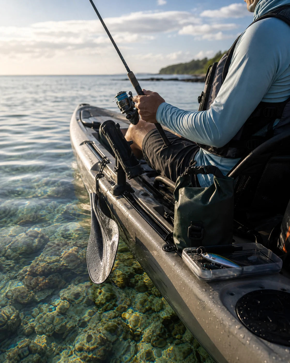 Kayak fishing on clear saltwater
